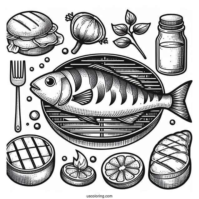 Grilled Fish Coloring Picture