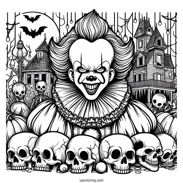 Laughing Pennywise With Skulls In Front Of A Haunted House