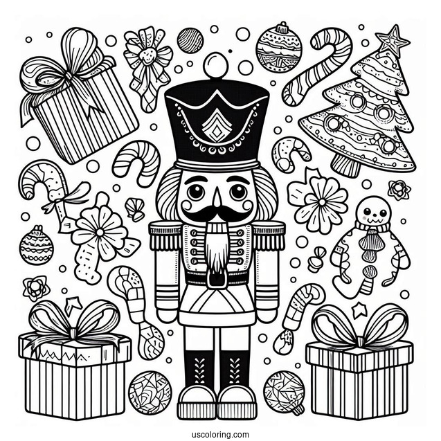 Nutcracker Coloring Page Surrounded By Presents, Gingerbread Men, And Candy Canes