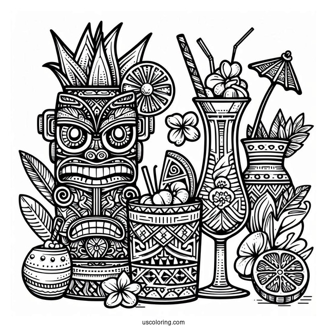 Hawaiian Tiki And Cocktails Pattern Coloring Page
