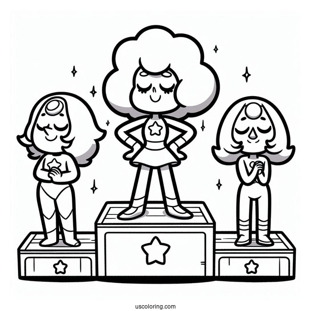 Cute Steven Universe Coloring Page On Podium With Garnet, Pearl, And Amethyst For Kids
