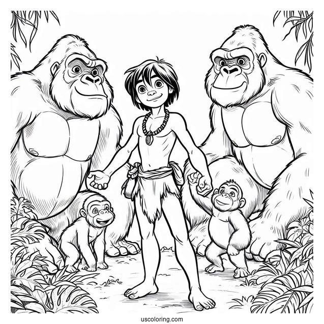 Young Tarzan Coloring Page Surrounded By Gorilla Family