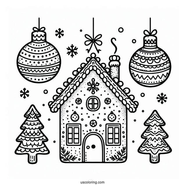 Easy Gingerbread House Christmas Ornaments Coloring Page For Kids