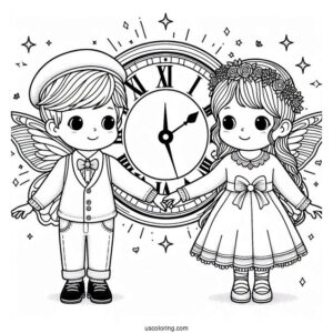 Two Children Holding Hands With a Clock