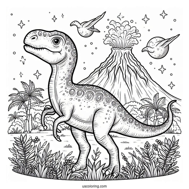 Parasaurolophus Dinosaur With Volcano In The Background