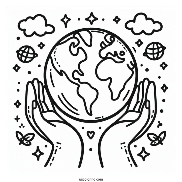 Simple Cute Earth With Hands Coloring Page For Preschoolers