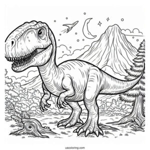 Scary Troodon In The Mountain Coloring Page