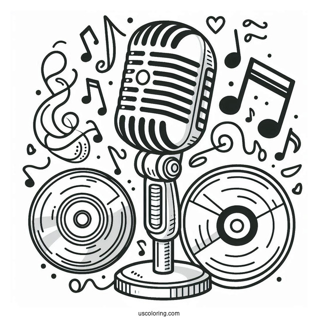 Music Coloring Page Of Retro Microphone, CD, And Musical Note For Preschoolers