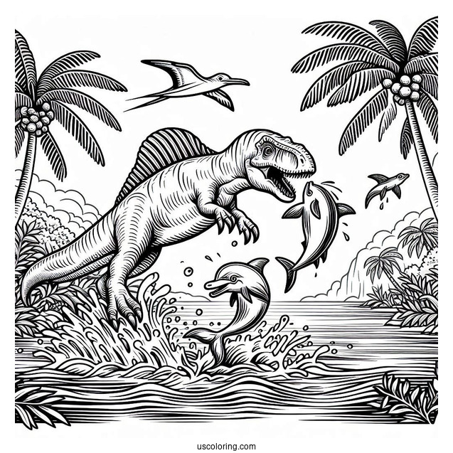 Spinosaurus Coloring Page Catching A River Dolphin
