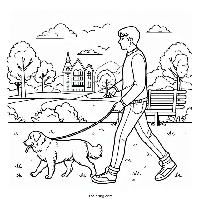Coloring Sheet Of Man Walking His Dog In Park