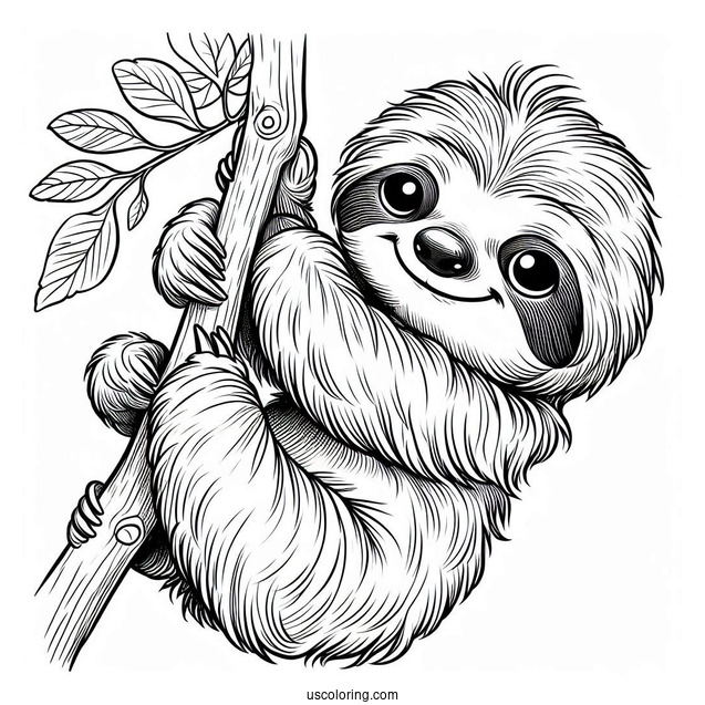 Baby Sloth Hanging From Tree Coloring Sheet