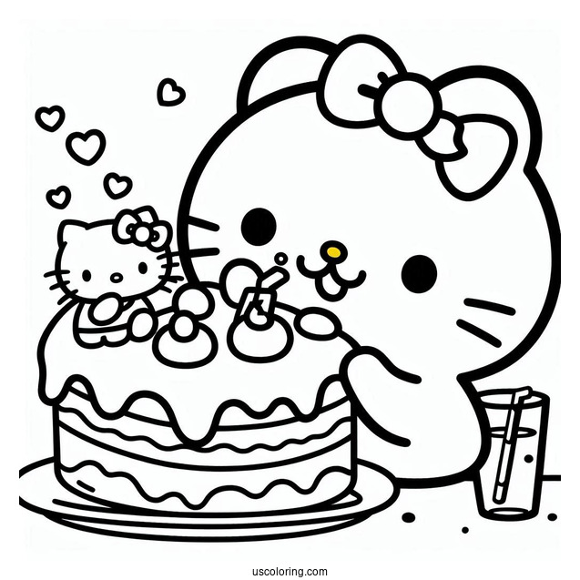 Pompompurin Eating Cake With Hello Kitty Coloring Sheet