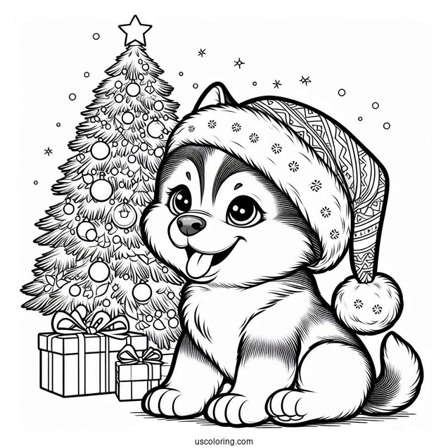 Husky Wearing Santa Hat In Front Of Christmas Tree Coloring Page
