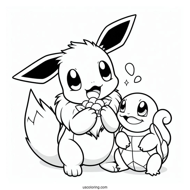 Eevee Eating With Squirtle Coloring Page