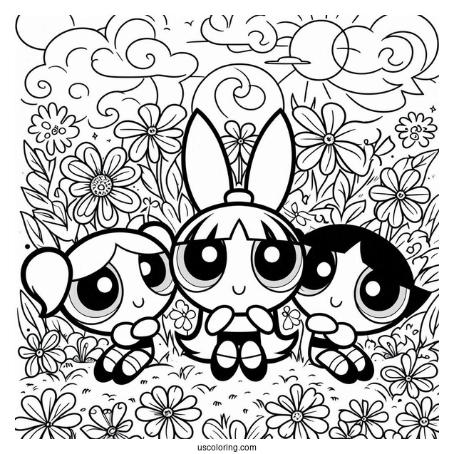 The Powerpuff Girls Sitting In a Park With Flowers