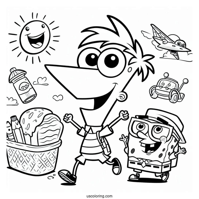 Happy Phineas And Ferb Coloring Page For Kids