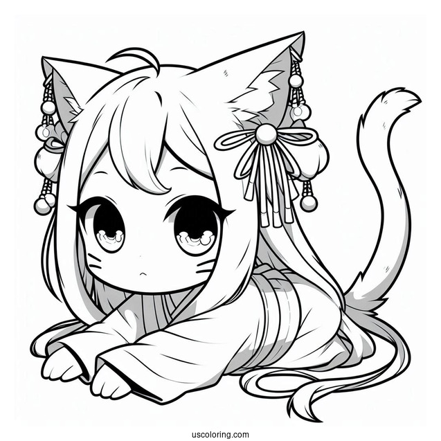 Cute Nezuko Coloring Page With Cat Ears And Tail