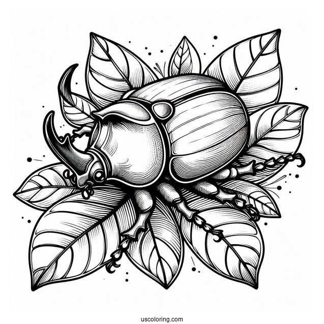 Rhinoceros Beetle Coloring Page On A Leaf