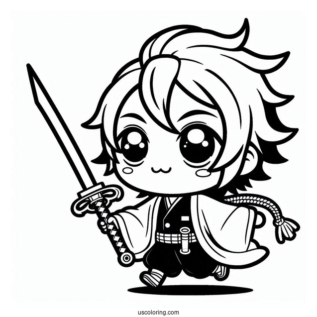 Kawaii Tanjiro Coloring Page Using Nichirin Sword For Kids