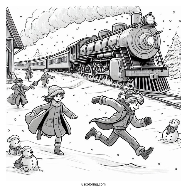Polar Express Coloring Page Of Lonely Boy And Hero Girl Chasing Hero Boy In The Snow