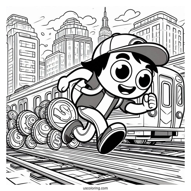 Subway Surfers Coloring Page Jake Chasing Gold Coins Behind A Subway