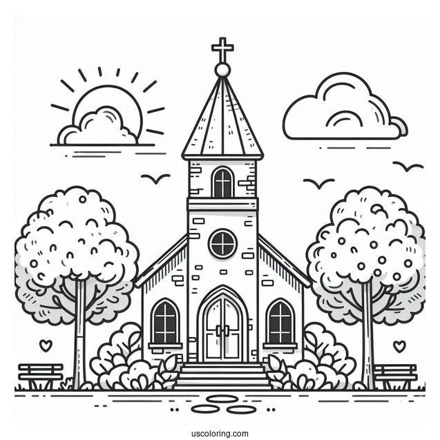 Cute Brick Church Coloring Page With A Tower For Kids