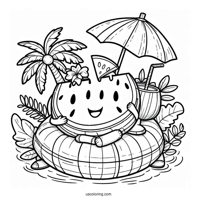 Summer Coloring Page Of Happy Watermelon On A Floatie With A Coconut Drink