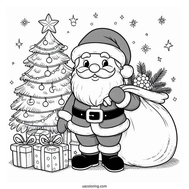 Santa Holding Sack Of Presents Next To Christmas Tree