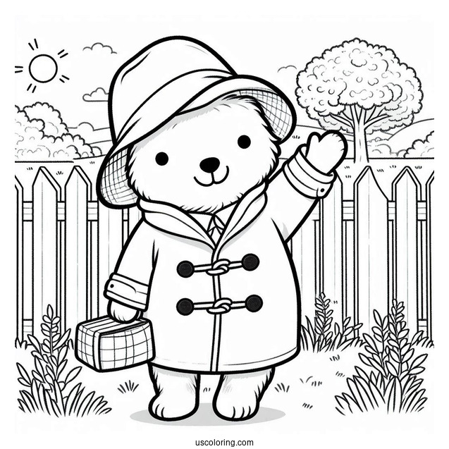 Kawaii Paddington Coloring Page Waving From A Backyard For Kids