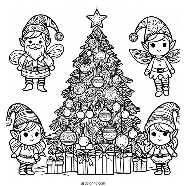 Christmas Tree With Elves Coloring Page
