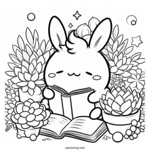 Pompompurin Reading While Surrounded By Succulent Coloring Page