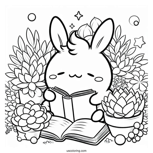 Pompompurin Reading While Surrounded By Succulent Coloring Page