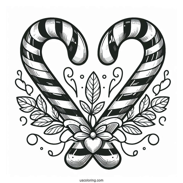 Two Candy Cane Coloring Page Forming A Love Heart