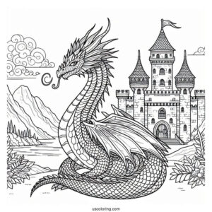 Dragon With Large Scales Wrapped Around Castle Tower