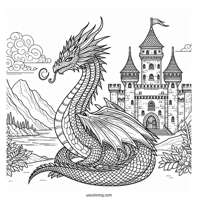 Dragon With Large Scales Wrapped Around Castle Tower