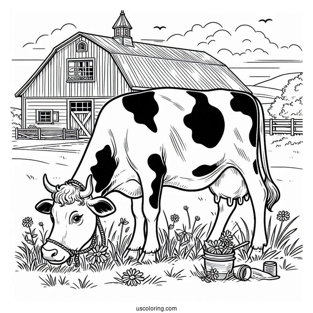 Cow Grazing In Front Of Farm Barn