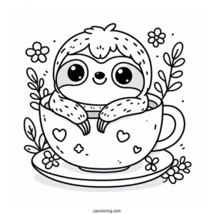 Kawaii Sloth Sitting In Teacup Coloring For Preschoolers
