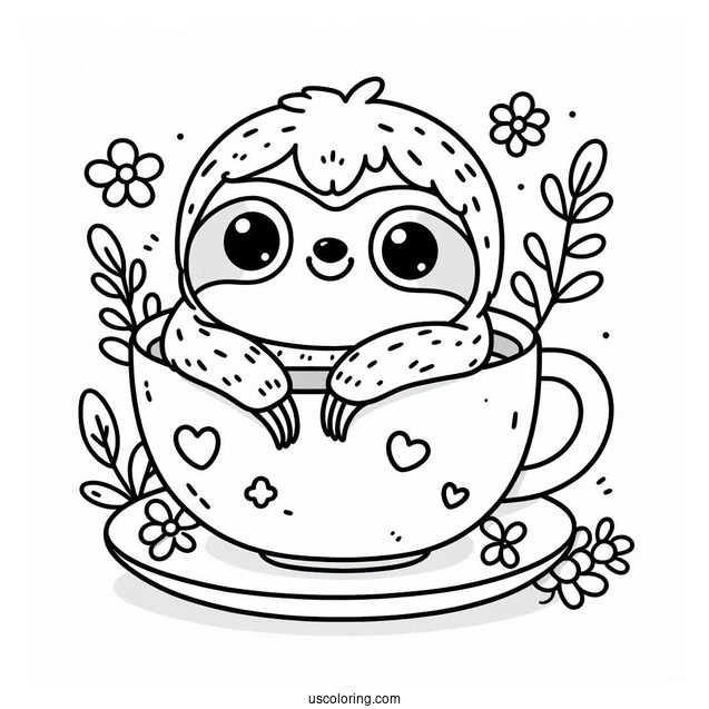 Kawaii Sloth Sitting In Teacup Coloring For Preschoolers