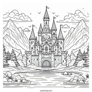 Castle Coloring Page With Moat In The Mountains