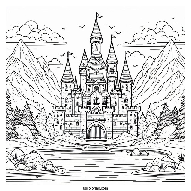 Castle Coloring Page With Moat In The Mountains