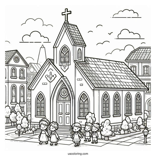 Cartoon Church Coloring Page Goers Standing In Front Of The Church Building For Kids
