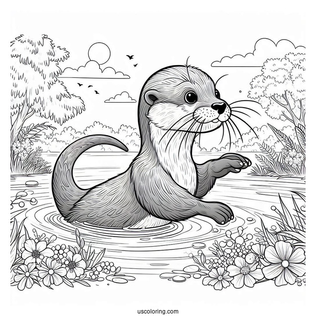 Realistic Otter Coloring Page Floating On River