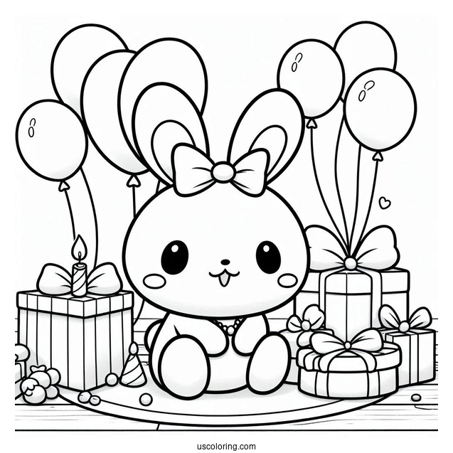 Pochacco Coloring Page Sitting On Floor With Birthday Presents And Balloons
