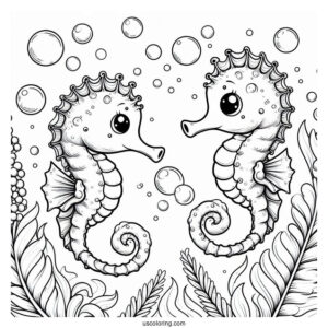 Two Cute Seahorses Blowing Bubbles