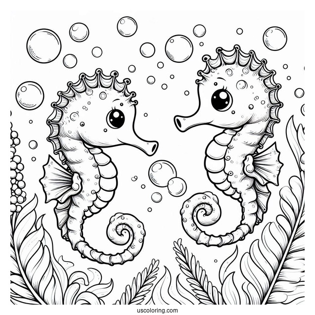 Two Cute Seahorses Blowing Bubbles