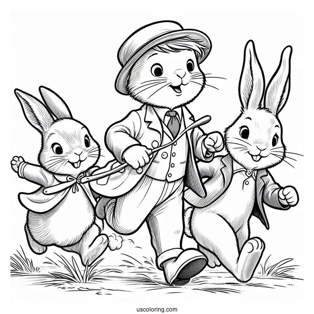 Thomas McGregor Chasing Peter Rabbit Coloring Page, Flops, Mopsy, Cotton Tail, And Friends