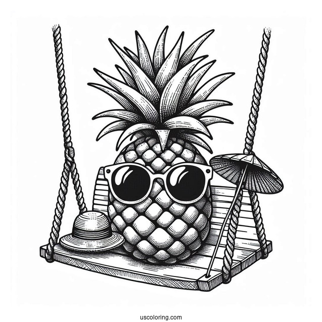 Pineapple Coloring Page on Swing Wearing Sunglasses and Hat