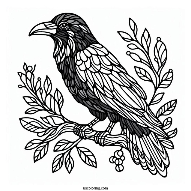 Raven Perched On A Branch Stained Glass Coloring Page For Kids