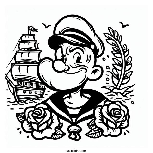 Popeye Coloring Page The Sailor Man Logo With Ship And Roses