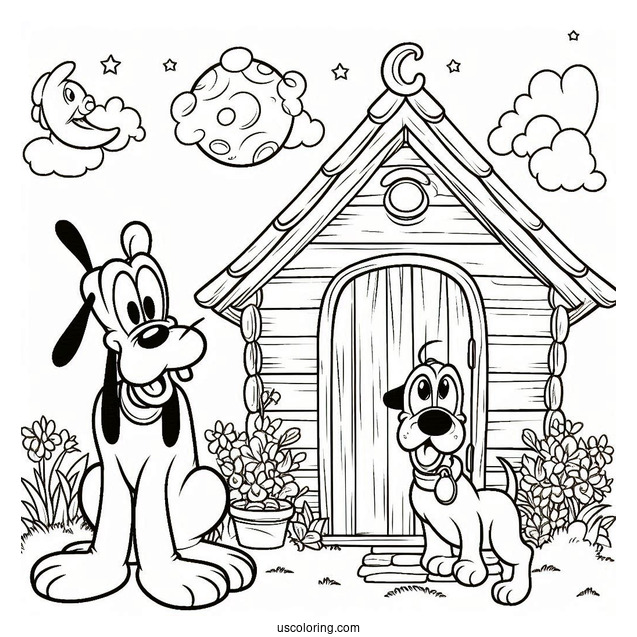 Confuse Goofy Standing Outside Dog House With Pluto Coloring Page